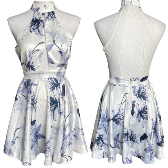 Floral Halter Neck Mini Dress - White and Blue - Picture 1 of 16